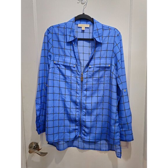 Michael Kors Women's Blue Plaid Zipper Front Blouse Size Medium - Picture 2 of 15